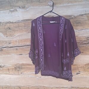 Soft Surroundings Burgundy Open Front Embroidered Cupro Blend Kimono, Sz S